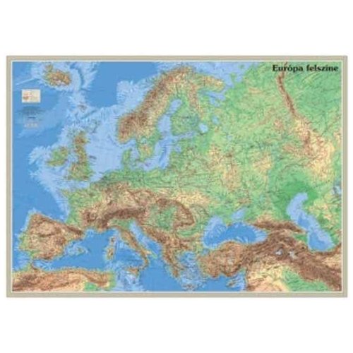  Európa felszíne falitérkép keretezett - plexi lappal - 70x50 cm Európa hegy-vízrajzi térkép 