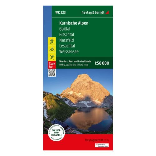 WK 223 Karnische Alpen turista térkép, Gailtal, Gitschtal, Nassfeld, Lesachtal, Weissensee kerékpáros és szabadidőtérkép Freytag 1:50 000 - vízálló 2023.