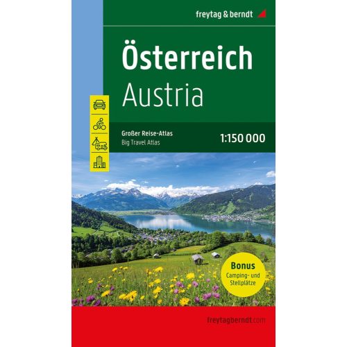  Ausztria atlasz, Ausztria autós atlasz kötött , Ausztria autóatlasz és kerékpáros atlasz Freytag & Berndt 1:150e  Nagy szabadidő atlasz 2023.