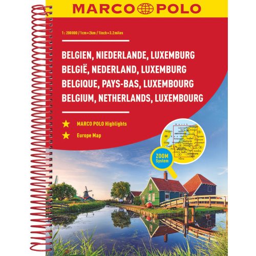 Benelux autós atlasz Marco Polo Belgium spirál atlasz 1:200 000  Belgium Hollandia Luxemburg térkép