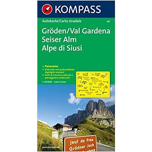 365. Gröden/Val Gardena, Seiser Alm/Alpe di Siusi, Panorama mit Straßenkarte, 1:150 000 panoráma térkép 