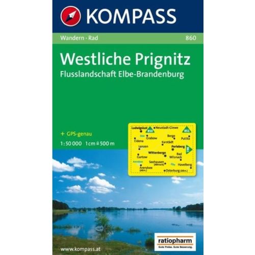 860. Prignitz Westliche, Flusslandschaft Elbe, Brandenburg turista térkép Kompass 