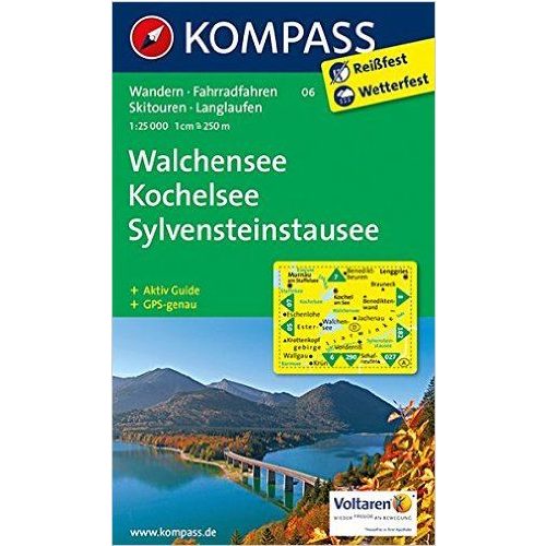 06. Walchensee térkép, Kochelsee, SylvensteinStausee, 1:25 000 turista térkép Kompass 