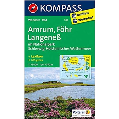 705. Amrum, Föhr, Langeneß im Nationalpark SchleswigHolsteinisches Wattenmeer mit Straßenkarte, 1:35 000 turista térkép Kompass 