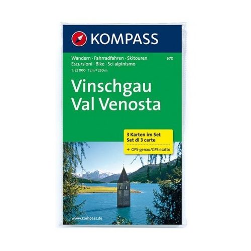 670. Vinschgau turista térkép, 3teiliges Set, D/I turista térkép Kompass 