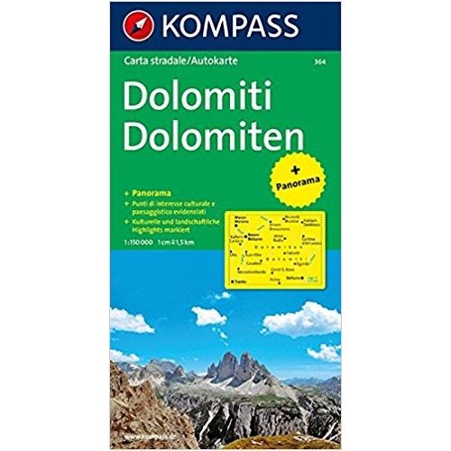 364. Dolomiten, Panorama mit Straßenkarte, 1:150 000 panoráma térkép 