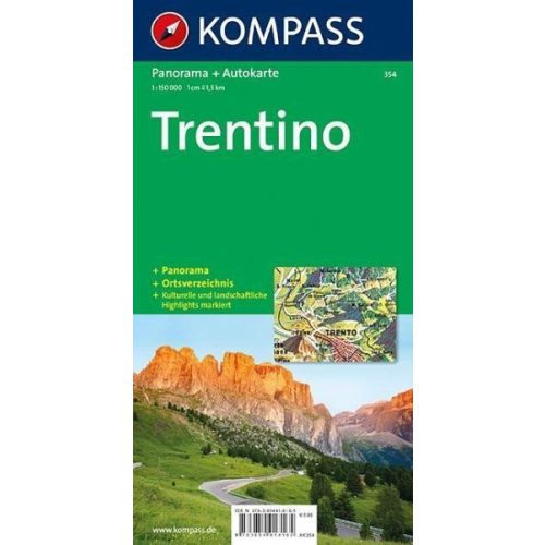 354. Trentino, Panorama mit Straßenkarte, 1:150 000 panoráma térkép 