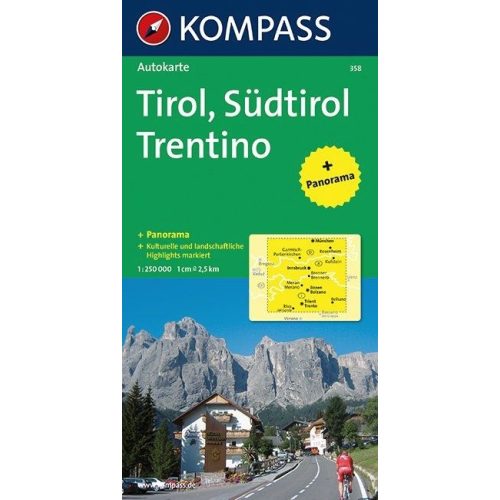 358. Tirol, Südtirol, Trentino, Panorama mit Straßenkarte, 1:250 000 panoráma térkép 