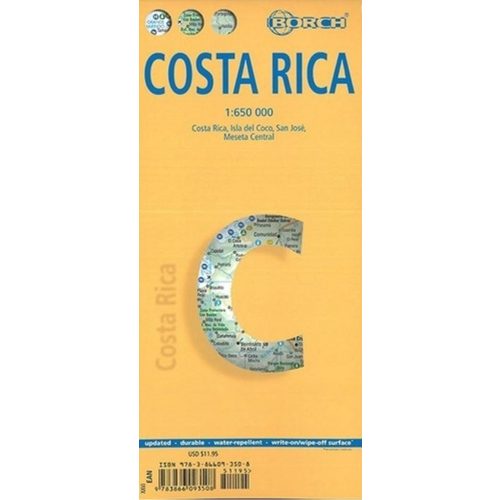 Costa Rica térkép Borch fóliás 1:650 000 Isla del Coco, San José, Meseta Central 