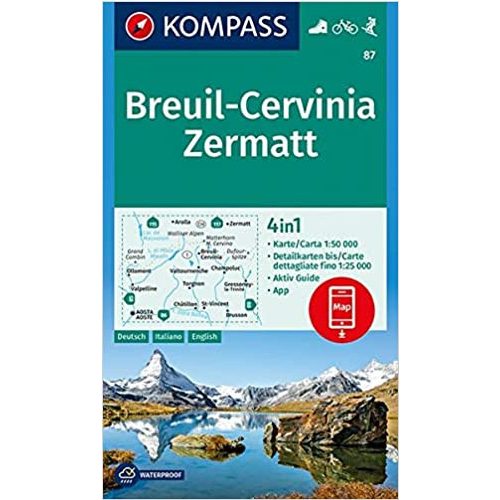 87. Breuil-Cervinia Zermatt turista térkép Kompass 1:50 000, Matterhorn turista térkép 4 az 1-ben 