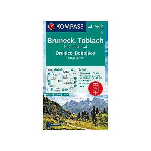 57. Bruneck térkép, Toblach, Brunico, Dobbiaco turista térképszett 5 in 1 Kompass 1:50 000 