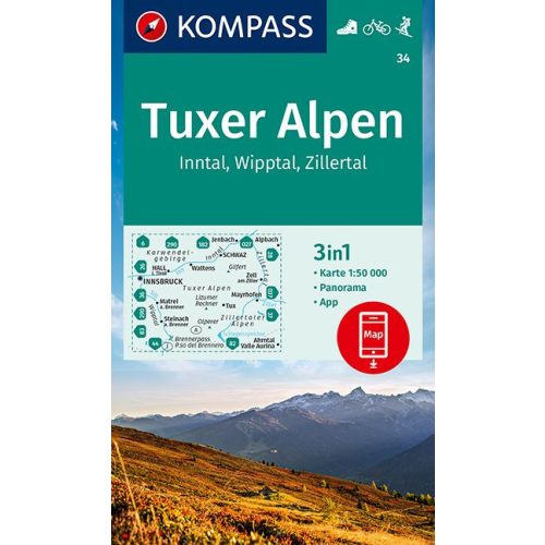 34. Tuxer Alpen turista térkép Kompass 1:50e, 3 in 1, 2020
