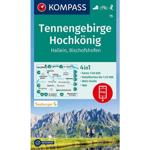 15. Tennengebirge turista térkép Kompass, Tennengebirge, Hochkönig térkép 4 az 1-ben, 1:50e  2020 laminált