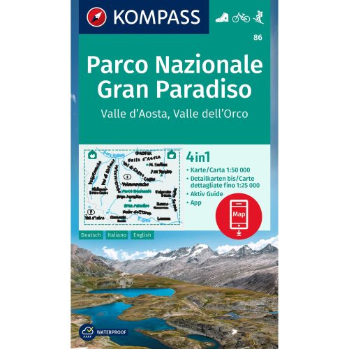 86. Gran Paradiso Nemzeti Park, Valle d’Aosta, Gran Paradiso turista térkép Kompass laminált 1:50e, 4 az 1-ben