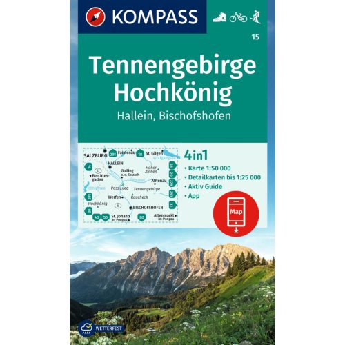15. Tennengebirge turista térkép Kompass, Tennengebirge, Hochkönig térkép 4 az 1-ben, 1:50e  laminált  2024.