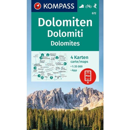 672. Dolomiten turistatérkép, Dolomitok turista térkép Kompass 4 db-os térképszett 1:35 000 (2024)