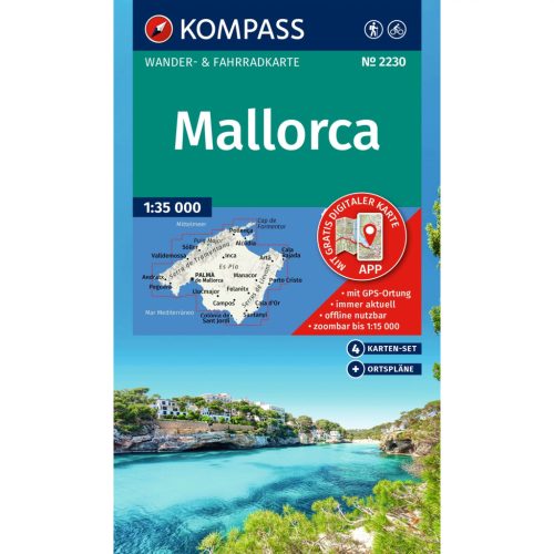 2230. Mallorca térkép  1:35 000 Mallorca turista térkép Kompass K 2230 Mallorca turistatérkép, 4 részes térképszett 2025