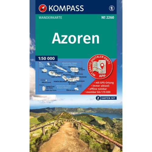 2260. Azori szigetek turista térkép, 2 részes szett Azori turista térkép Kompass Azoren térkép 1:50e   2025. 