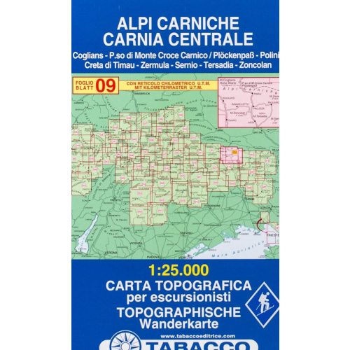 09. Alpi Carniche - Coglians - Sernio, Karnische Alpen turista térkép Tabacco 1: 25 000 