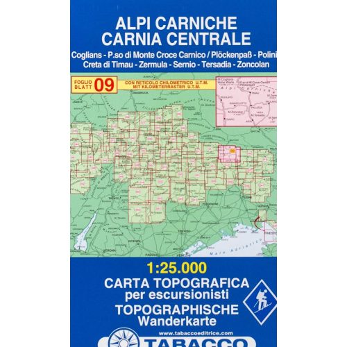 09. Alpi Carniche - Coglians - Sernio, Karnische Alpen turista térkép Tabacco 1: 25 000 