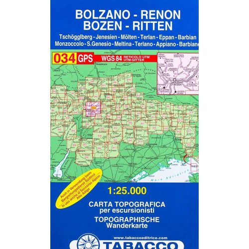 034. Bolzano - Renon, Bozen - Ritten - Tschögglberg turista térkép Tabacco 1: 25 000 