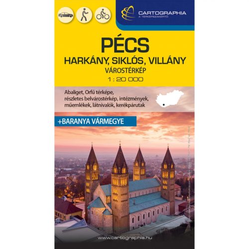 Pécs térkép, Pécs várostérkép Cartographia + Harkány, Siklós, Villány + Baranya vármegye térképe 1:20e  2025.