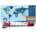   KAPARÓS TÉRKÉP - BLUE MAP kaparós világtérkép - Lekaparható világtérkép 100 x 50  cm angol nyelvű - bordó hengerben 