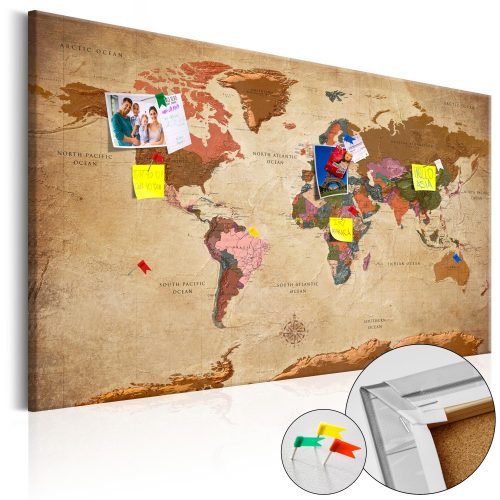  Kép parafán - World Map: Brown Elegance [Cork Map]  Parafa világtérkép - vászonkép 90x60
