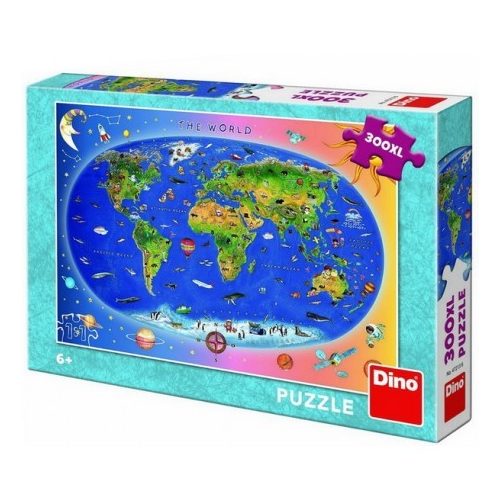A Világ puzzle állatos 300 db Dino XXL képkirakó, Állatos Világtérkép puzzle - kék