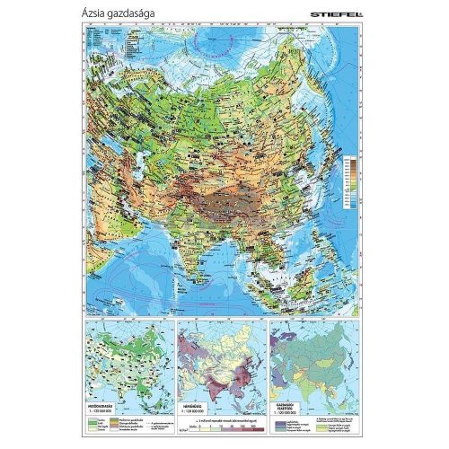Ázsia domborzati térkép, Ázsia gazdasága, Ázsia falitérkép 100x140 cm - fóliázott, lécezett