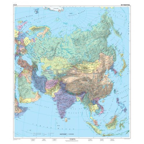 Ázsia falitérkép, Ázsia politikai térkép, duó térkép Ázsia domborzati térkép a hátoldalon 140x180 cm - fóliázott, lécezett