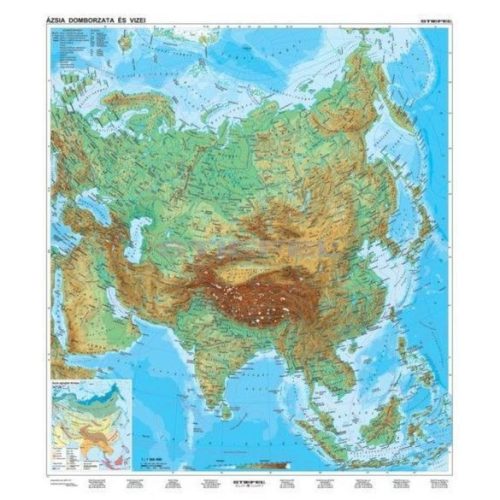 Ázsia falitérkép, Ázsia domborzati térkép, duó térkép Ázsia politikai térkép a hátoldalon 140x180 cm - fóliázott, lécezett