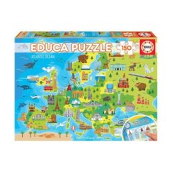   Európa térkép puzzle Educa - 150 db-os puzzle 48x34 cm Európa térképe képkirakó látnivalókkal