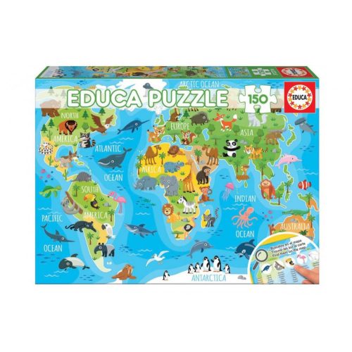 Educa Világtérkép puzzle 18115 - 150 db-os gyerek térkép világ puzzle állatokkal 48x34 cm 