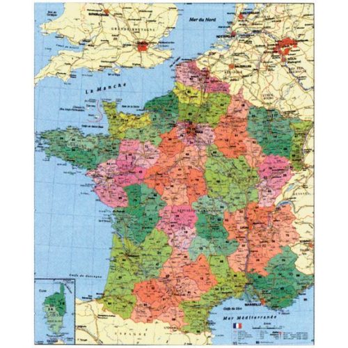 Franciaország irányítószámos térkép, fóliázott, fémléces Franciaország falitérkép 