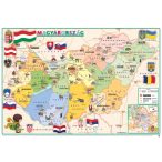  Gyerek Magyarország térkép - Magyarország közigazgatása / domborzata látnivalókkal, képekkel - fóliás fémléces falitérkép 66x45 cm