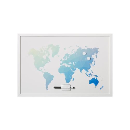 Világtérkép üzenőtábla, mágneses, 60x40 cm, fehér keret, Victoria