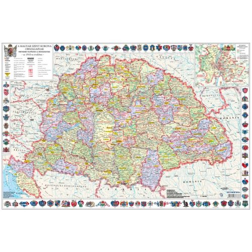 A Magyar Szent Korona országai térkép könyöklő 1910. / Magyar történeti emlékek a Kárpát-medencében  - 2 oldalas vastag fóliás térkép