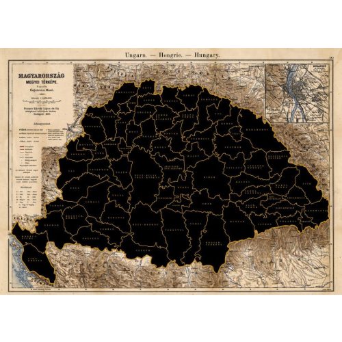 Történelmi Magyarország kaparós térképe  (1890) 89 x 68 cm, kaparós Magyarország térkép henger alakú dobozban