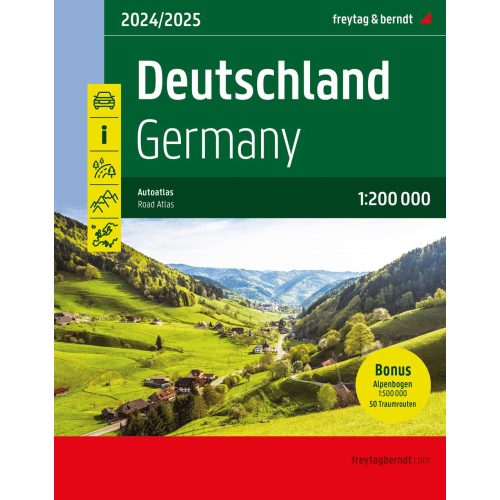 Németország autóatlasz, Ausztria, Svájc atlasz 1:200 000 Freytag Németország autós térkép 2024/25