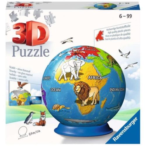 Puzzle Földgömb állatokkal 73 db-os, 13,9 cm 3D puzzle földgömb Ravensburger