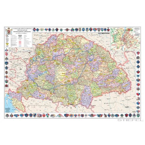 A Magyar Szent Korona Országai falitérkép 1910., A Magyar Szent Korona országai térképe jelenlegi Magyarország határral - fémléces, fóliás 140x100 cm