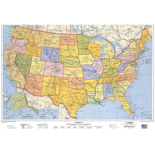 USA térkép fóliás, USA könyöklő politikai, USA államai falitérkép - falra és asztalra is  66x45 cm