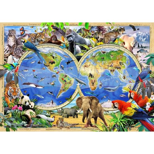 A világ állatai Puzzle Ravensburger Wooden City NB1010-0014-XL - Az állatvilág térképe - 1010 db-os 52 x 37,5 cm fa puzzle 